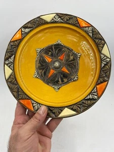 Vintage Keramik Teller Wandbehang verziert mit Kupfer versilbert mit Steinen - Bild 1 von 8