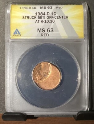 1984 D, Lincoln Memorial Penny, ANACS MS63 RED, 55% OFF-CENTER Error With Date - Image 1 of 4