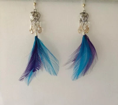 New 925 Sterling Silver Heart Earrings with Blue and Purple Feathers 3.5" - Image 1 of 3