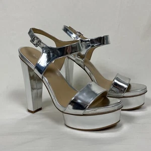 Nine West Fast Life Silver Platform Heels Size 9 Strappy 5" Heel - Picture 1 of 8