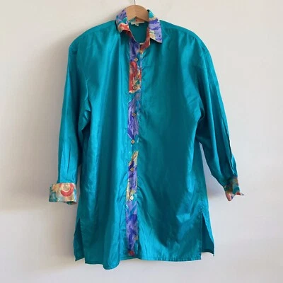 vintage 80s 90s teal aqua blue green shirt button up rainbow cuff retro - Image 1 of 4