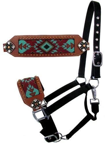 Showman Bronc Halter w/ Turquoise & Burgundy Beaded Navajo Design - Image 1 of 1