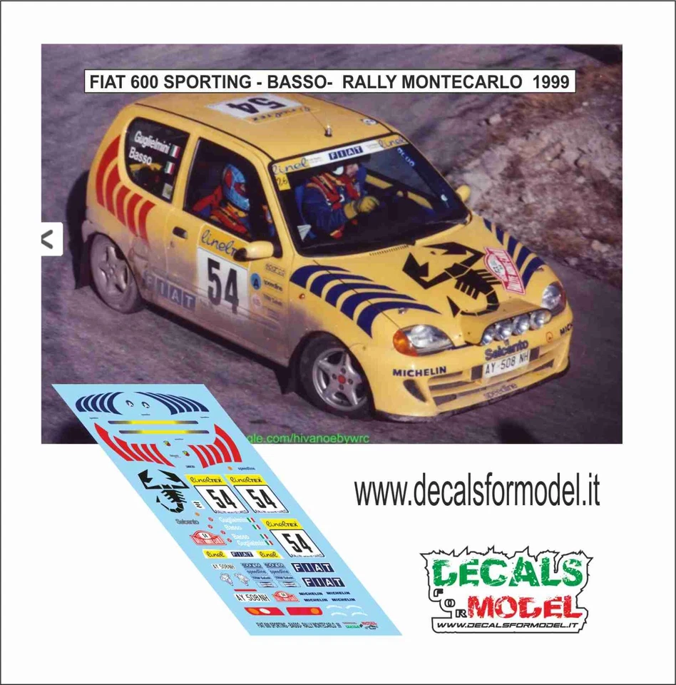DECALS 1:43 FIAT 600 SPORTING BASSO RALLY MONTECARLO 1999 - Immagine 1 di 1