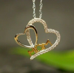 925 Sterling Silber Kette Anhänger Collier Bicolor Herz Mom Mama Mutter Zirkonia - Bild 1 von 11