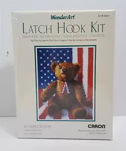 Vtg WonderArt Caron Latch Hook Kit 20" x 27" All American Bear USA Flag - Picture 1 of 7