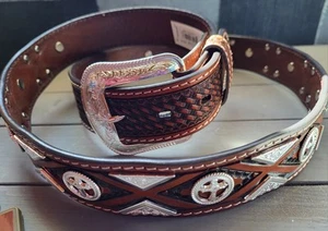 New Cowboy Western Belt Size 42 Leather Basket Weave Conchos Belt for Pants 40 - Picture 1 of 12