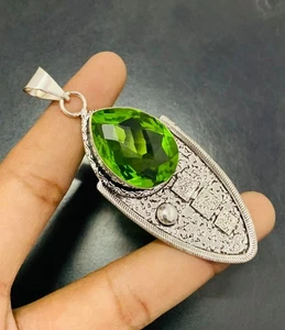 Peridot Quartz Gemstone 925 Sterling Silver Handmade Pendant Jewelry Gift For - Picture 1 of 3