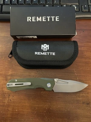 "Cuchillo REMETTE Rhino Button Lock Plus Liner Lock verde mango G-10 3,1"" lavado a piedra" Foto 1 de 2