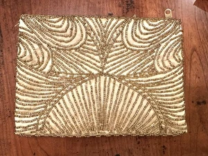 Vintage Gold Beaded Satin Bag Zip top closure Strap - Picture 1 of 5