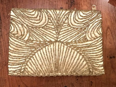 Vintage Gold Beaded Satin Bag Zip top closure Strap  - Image 1 of 4