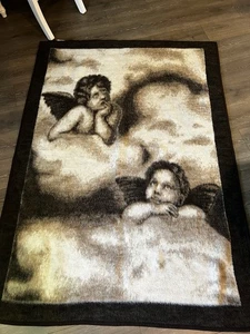Vintage BIEDERLACK Fleece Blanket Angels Cherubs In Clouds 71x52 Tan Brown - Picture 1 of 5