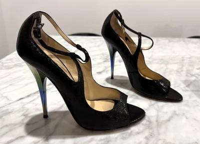 Jimmy Choo Black Wet Look Suede High Heels Size 40 - image 1 of 4