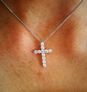 1 Ct Cross Pendant Necklace Simulated Diamond 14K Solid White Gold-Plated Silver - Picture 1 of 11