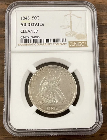 1843 - 50¢ Seated Half Dollar NGC AU DETAILS, CLEANED, die break Eagle’s talon Cover