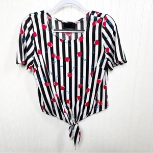 Cynthia Rowley NEW Black & White Stripe Cherry Print Tie Front Short Sleeve Top - Picture 1 of 6