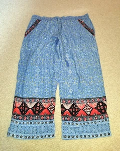 Womens Pants-LUCKY BRAND-blue/white/green floral cotton pull-on cropped BOHO-L - Picture 1 of 5