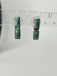 Vintage Signed RSO Sterling 925 Fire Opal And Turquoise Inlay Earrings - Picture 1 of 7