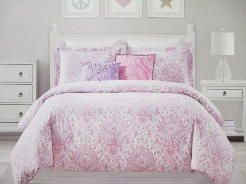 CYNTHIA ROWLEY 儿童 4 件套粉色紫色佩斯利花卉被子套装 - 双 — 第 1/4 张图片