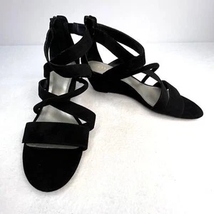 A.N.A. Women's 9M Black Faux Suede Gladiator Sandals Zip Wedge Heel Shoes - Picture 1 of 12
