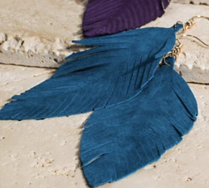 NWT Turquoise Leather Earrings Tassel Leaf Statement Fashion Jewelry - Picture 1 of 1