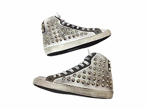 scarpe sneakers alte uomo donna pelle bianco grigio sfumato borchie cono - Imagen 1 de 6