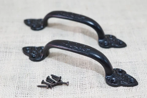 2 Large Cast Iron Antique Style Door Handles Gate Pull Shed Drawer Pulls Black Cover
