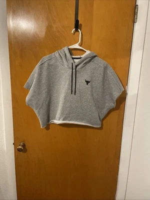 Under Armour Project 摇滚裁剪连帽衫女式小号灰色羊毛宽松版型全新无标签 — 第 1/4 张图片