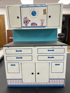 Vtg Wolverine Tin Metal Kitchen Hutch Cabinet Toy White&Teal 11”x13” - Picture 1 of 18