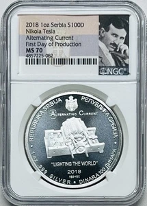 2018 SERBIA 100D 1oz .999 Silver Nikola Tesla ALTERNATING CURRENT NGC MS70 FDOP - Picture 1 of 2
