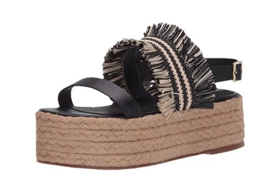 Sandalia de cuña Kaanas negra Tahití deshilachada boho rafia para mujer talla 7 Foto 1 de 4