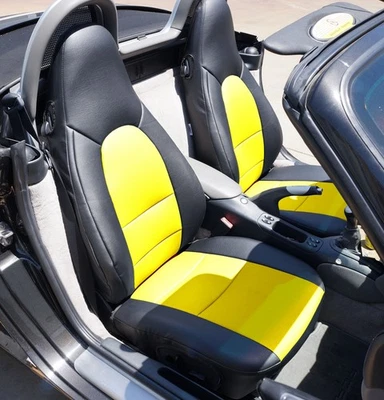 PORSCHE BOXSTER 911 996 986 97-04 BLACK/YELLOW S.LEATHER CUSTOM FIT SEAT COVERS - Image 1 of 4