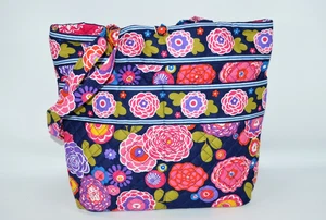 Stephanie Dawn Purse Med. Tote Navy Background Colorful Flowers In / Out Pocets - Picture 1 of 16