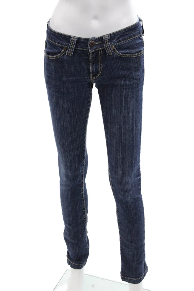 Pantalones de mezclilla para mujer Serfontaine de algodón a rayas tiro bajo lavado medio azul talla 25 Foto 1 de 4