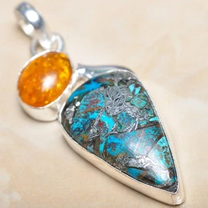 Handgefertigt Türkis Jaspis Edelstein 925 Sterling Silber Anhänger 2.5 " #P03514 - Bild 1 von 1