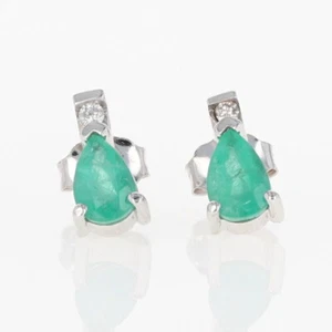 .78ctw Pear-Shaped Emerald with Diamond Accent Stud Pair Earrings 14k White Gold - Picture 1 of 5