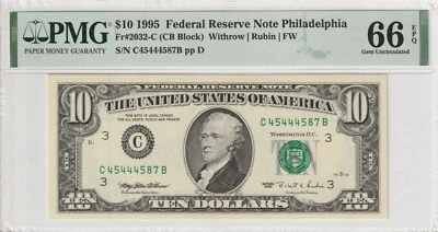 $10 1995 FRN 2032-C CB Block Certified PMG Banknote UNC 66 EPQ Philadelphia - Image 1 of 2