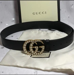Cinturón Gucci Con Perlas Talla 95/38 Negro Cuero Liso Doble G Para 8-1 0Pantalones - Imagen 1 de 5