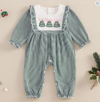 NEW Christmas Embroidered Tree Baby Girls Green Striped Romper Jumpsuit - Image 1 of 3