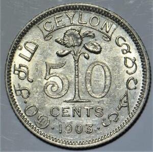 1903 Ceylon Silver 50 Cents; Choice AU  