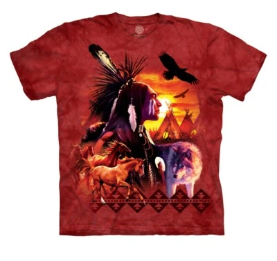 Wolf Horse Eagle Chief American Indian Collage Sunset Mountain Red Shirt S-3X - Image 1 of 4