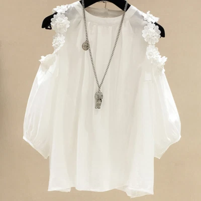 Women Floral Puff Sleeve Blouse T-shirt Cold Shoulder Top Summer Chiffon - Image 1 of 4
