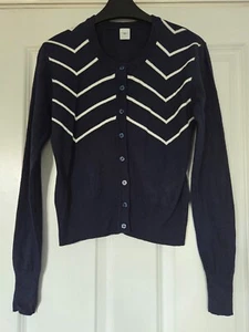NEW LOOK NAVY BLUE WHITE DIAGONAL GEO STRIPE BUTTON FRONT CREW NECK CARDIGAN 12 - Picture 1 of 4