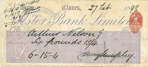 IRELAND.CHEQUE, ULSTER BANK LIMITED, .CLONES, Co. MONAGHAN.. 1893. .. - Picture 1 of 1