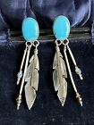 Vintage Navajo Solid Silver Martha Smiley Feather Turquoise Dropper Earrings