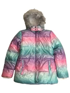 Justice Girls Rainbow Pink & Blue Hooded Ski Jacket Winter Puffer Coat - Picture 1 of 3