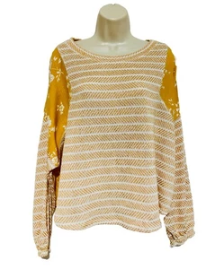 anthropologie small sweater By Together boho boxy gold white floral mixed media - Picture 1 of 9