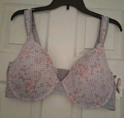 *Jessica Simpson* Sujetador, Talla 42D, Cuadros Púrpura y Blanco, Flores Rosas, Acento Encaje Foto 1 de 4