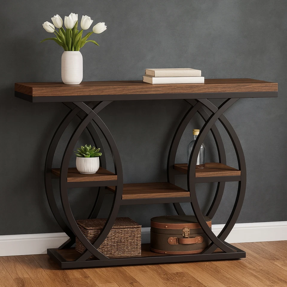 Mesa console 4 camadas entrada estreita mesa rústica industrial sofá mesa metal - Imagem 1 de 1