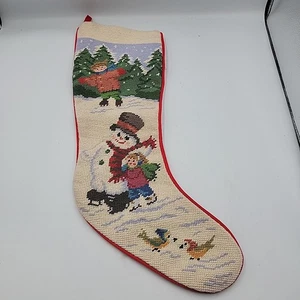 Vintage Needlepoint Christmas Stocking Ice Skating Snowman Kids Velvet Back  - Picture 1 of 6
