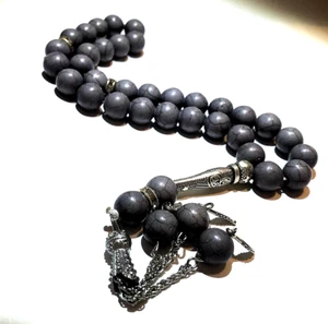 33 Perlen Islamischer Rosenkranz, Antik Onyx Stein Edelsteine Grau Farbe Islam Gebet - Bild 1 von 4